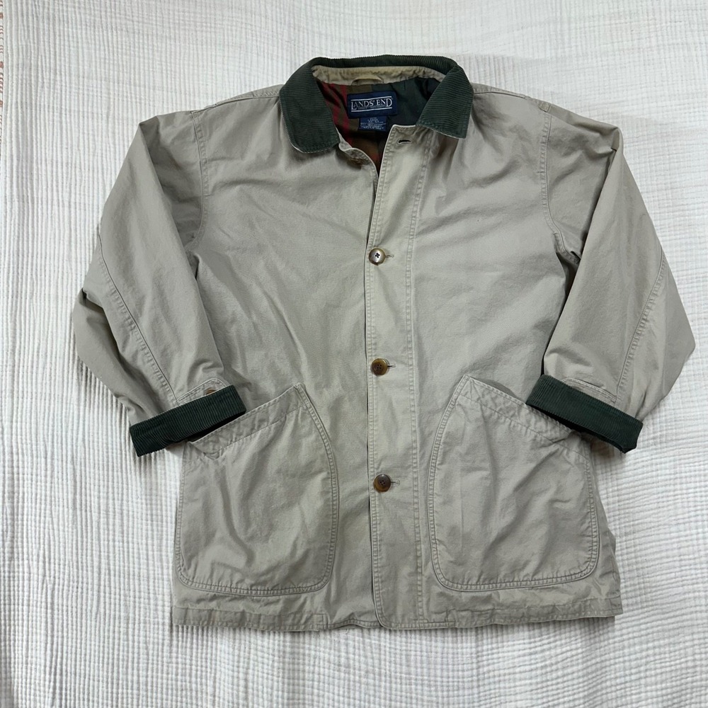 Mens Vintage Lands End Barn Chore Coat Field Jacket Canvas flannel Lined Large